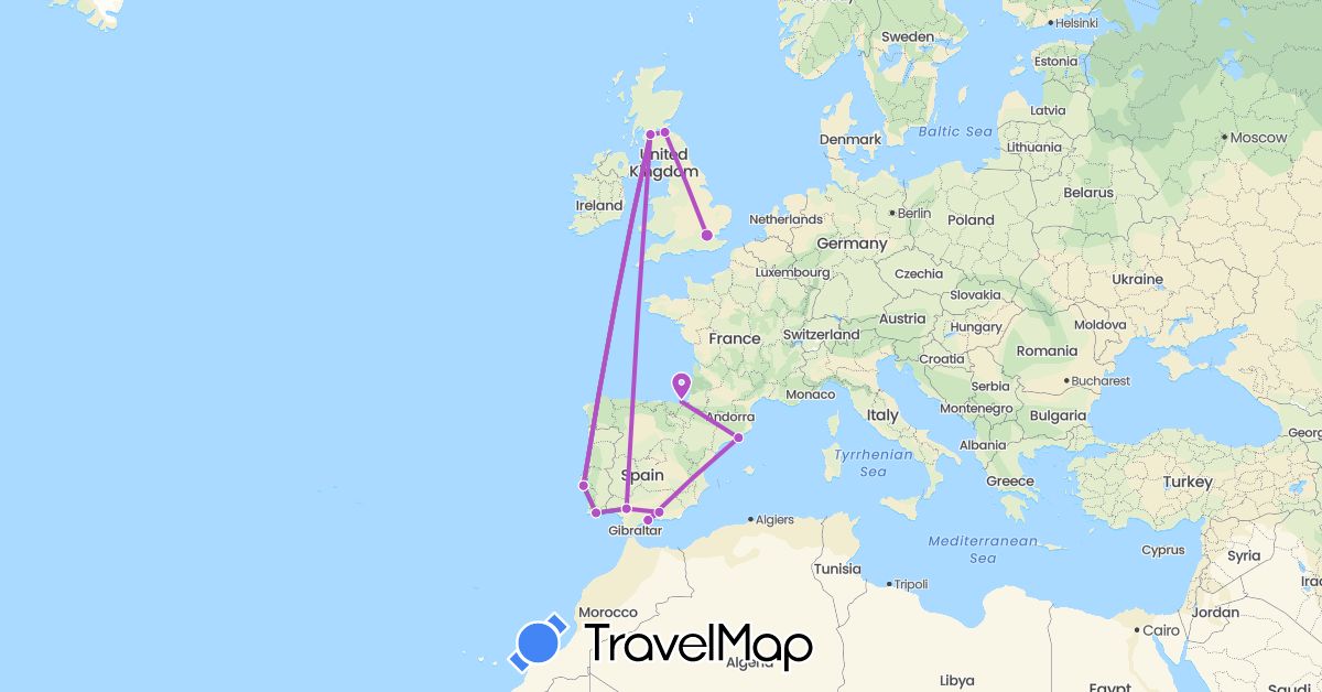 TravelMap itinerary: driving, bus, plane, train in Spain, United Kingdom, Portugal (Europe)
